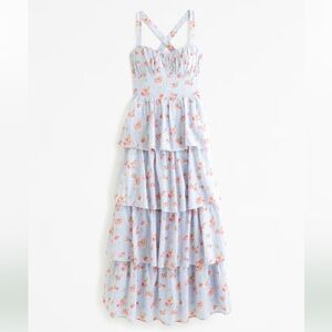 Abercrombie & Fitch Blue and Pink Tiered Ruffled Maxi Dress
